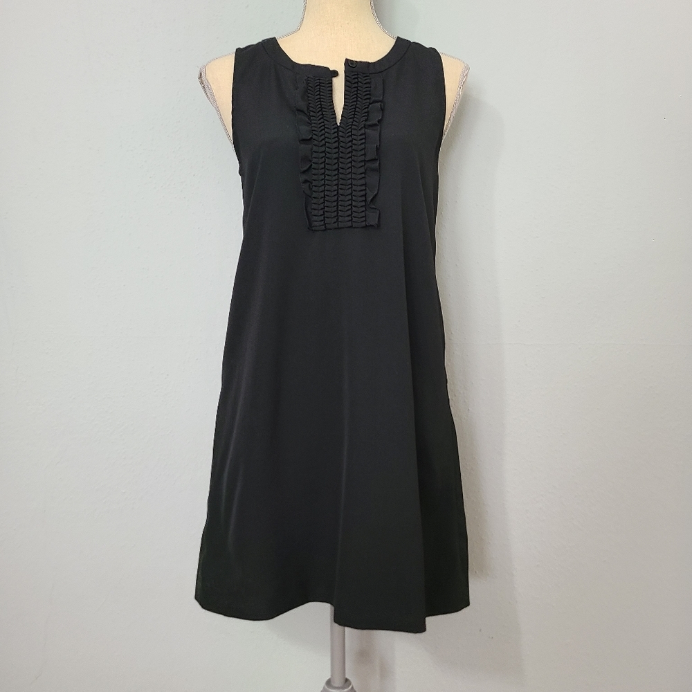 Theory Womens Ruffle Crew Neck Sleeveless Mini Shift Dress Black‎ Wool Size 6